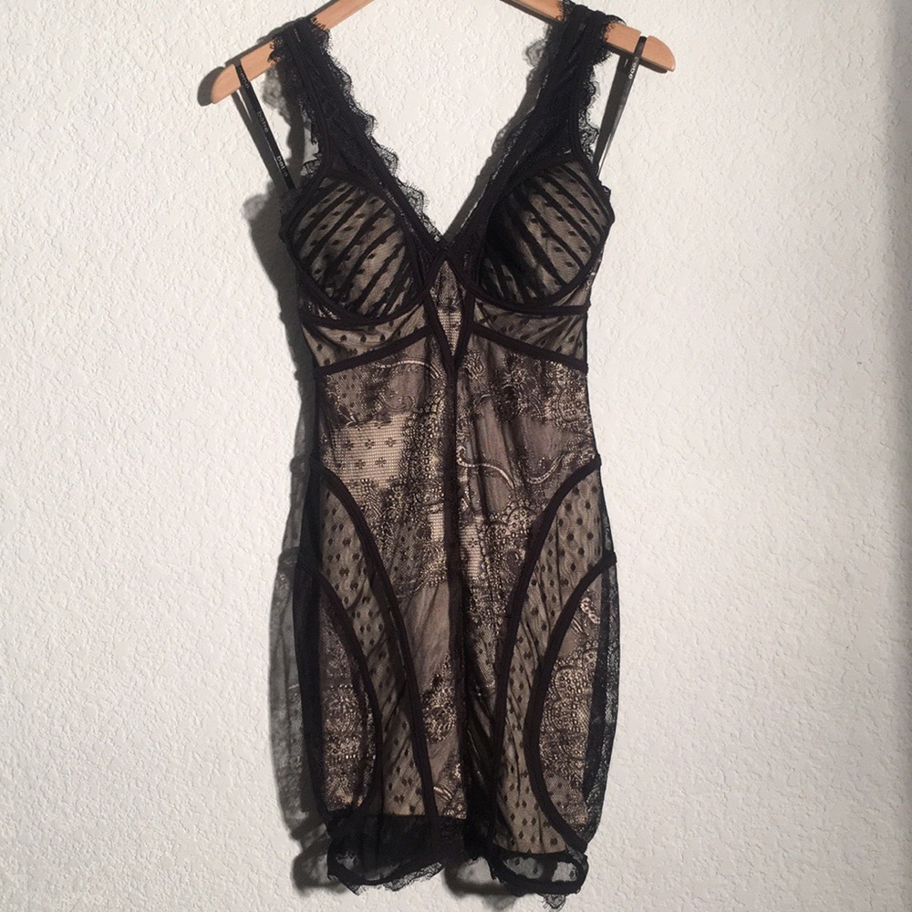 bebe Black Lace & Nude Mesh Slip Dress